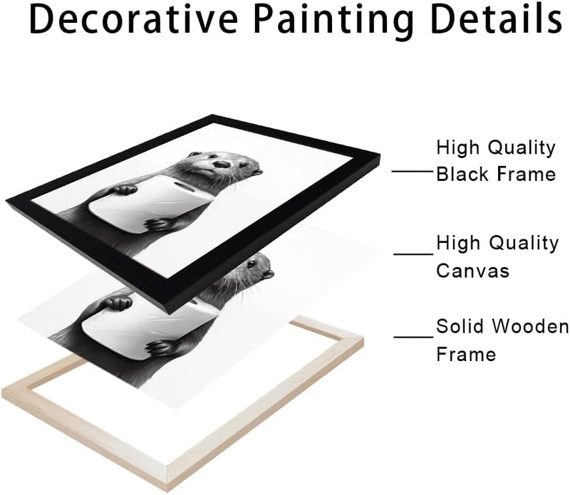 Bathroom Picture Wall Decor, Framed Black and White Bathroom Wall Art, Toilet Paper in Little Funny Raccoon's Hand Animal Canvas Print Painting