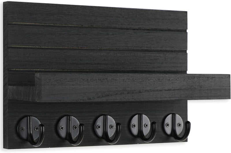 Key Holder for Wall, Decorative Key and Mail Holder with Shelf Has Large Hooks for Bag, Coats, Umbrella – Paulownia Wood Key Hanger with Mounting Hardware (9.8”W x 6.7”H x 4.2”D)