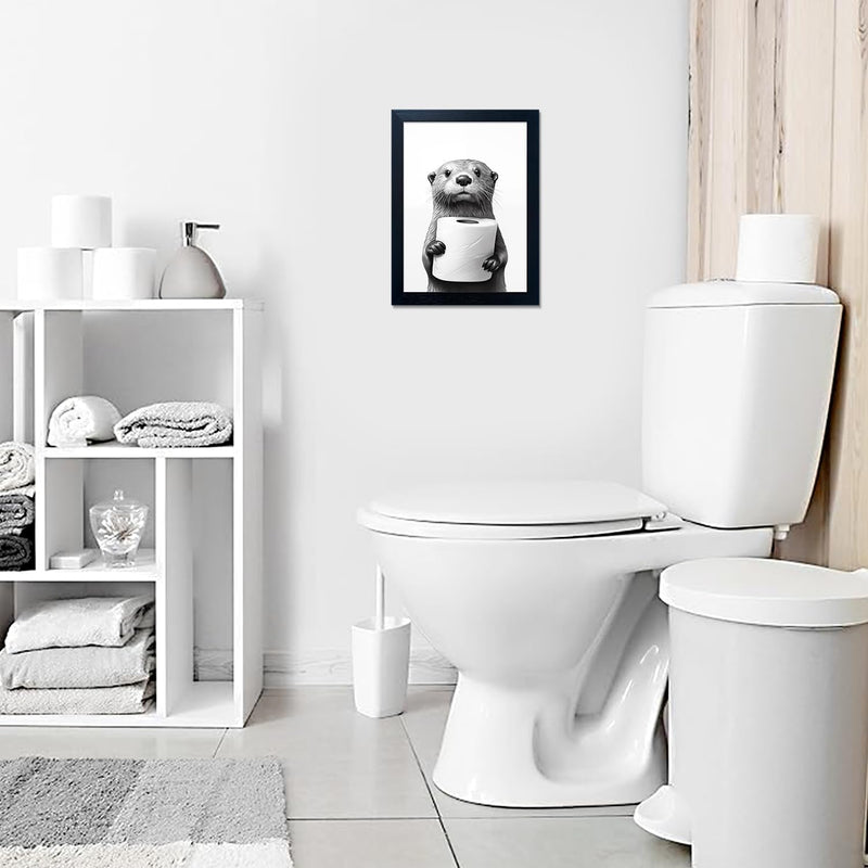 Bathroom Picture Wall Decor, Framed Black and White Bathroom Wall Art, Toilet Paper in Little Funny Raccoon's Hand Animal Canvas Print Painting