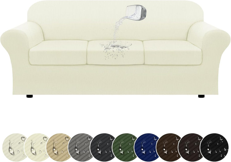 100% WaterproofCouch Cover 4-Piece Set Striped Sofa Slipcovers for 3 Cushion Couch Sofa Covers with TPU Leakproof Bottom Stretch Couch Protector Pet Proof - Sofa(3-Cushion), Ivory