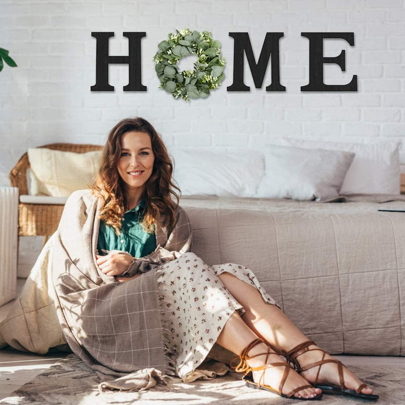 Wood Home Sign with Artificial Eucalyptus Wreath for O, Hanging Farmhouse Wall House Decor Wood Letters for Wall Art Rustic Home Decor, Wall Decor for Living Room Kitchen Entryway (Black)