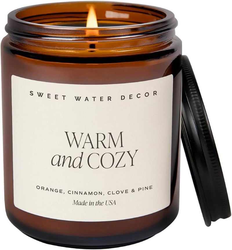 Sweet Water Decor Warm and Cozy Soy Candle - Orange Peel, Cinnamon, Ginger and Clove Scented Candles for Home - 9oz Amber Jar + Black Lid, 40+ Hour Burn Time, Made in The USA