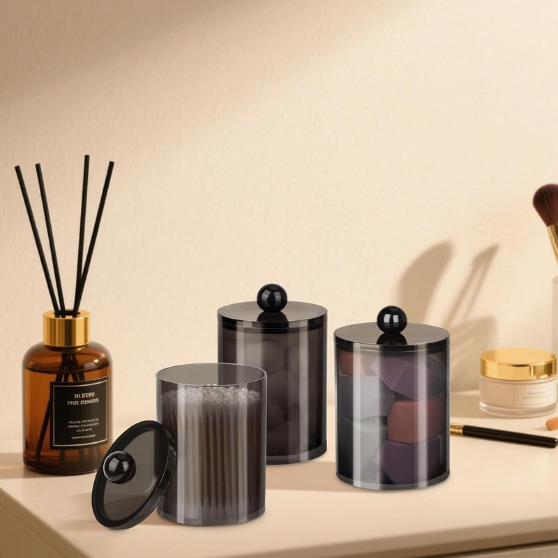 2 Pack Qtip Holder,Canister Apothecary Jar Set, Bathroom Jars with Lids Set for Cotton Swabs, Balls, Pads, Floss Picks,10oz-12oz Plastic Canisters Restroom Bedroom Vanity Organizer(Black)