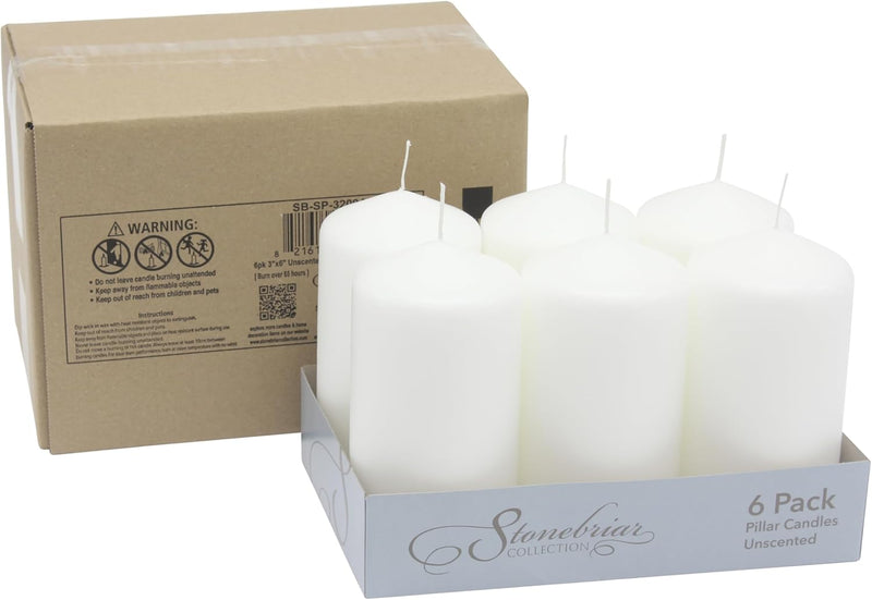 Stonebriar Unscented White Tall Pillar Candles, 65 Hour Burning Candle Pillars, Perfect for Decor, Weddings, Emergencies 3" X 6", 6 count