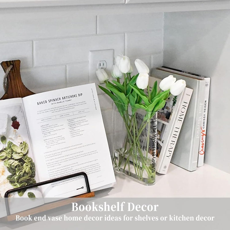 Puransen Clear Book Flower Vase - Floral Bookshelf Decor, Acrylic Flower Holder & Space-Saving Organizer, Modern Home Office/Study Desk Minimalist Aesthetic (Not Including Flowers)