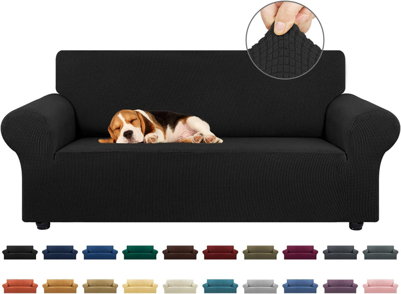 KEKUOU Stretch Loveseat Sofa Cover Slipcover,Couch Covers for 2 Cushion Couch Sofa (55"-78") Furniture Protector Sofa with Elastic Bottom for Kids,Dog. Jacquard Small Checked (Medium,Black)