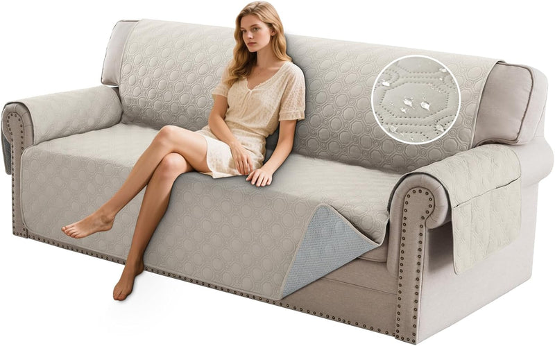 PrinceDeco 100% Waterproof Sofa Covers Couch Cover Sofa Cover for Dogs Couch Protector Triple Non-Slip Sofa Slipcover for 3 Cushion Couch Furniture Protector Pet Dog Friendly (Sofa 68'',French Oak)