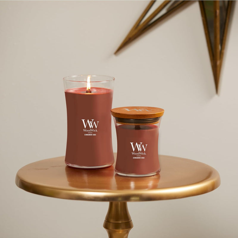WoodWick Cinnamon Chai Medium Hourglass Candle Premium Soy Blend Wax with Pluswick Innovation Wood Wick