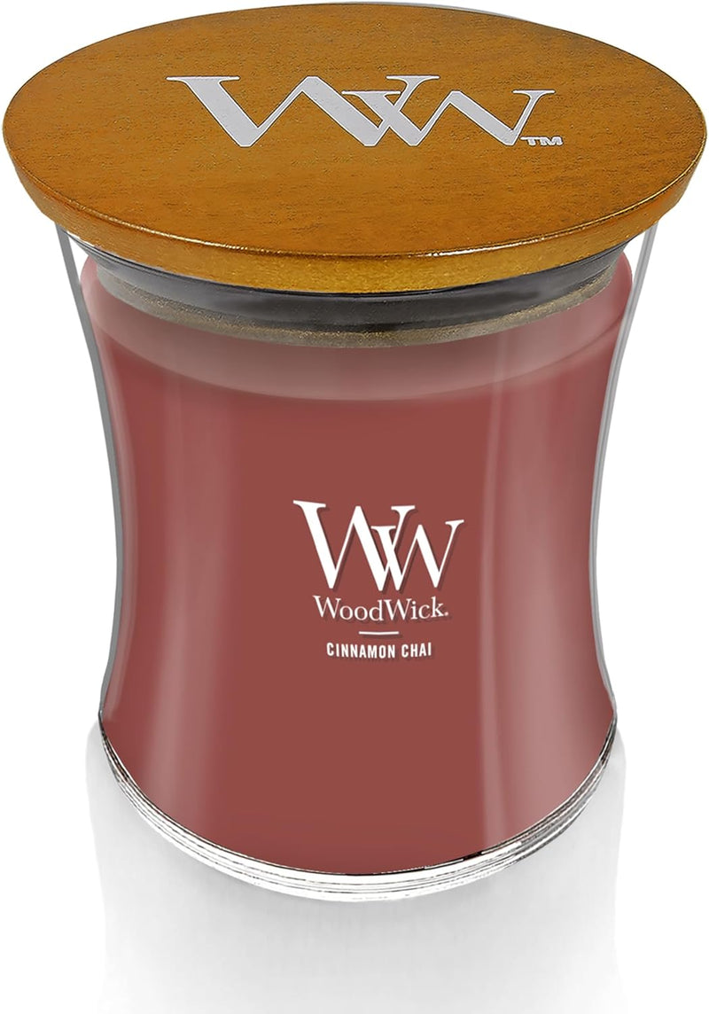 WoodWick Cinnamon Chai Medium Hourglass Candle Premium Soy Blend Wax with Pluswick Innovation Wood Wick