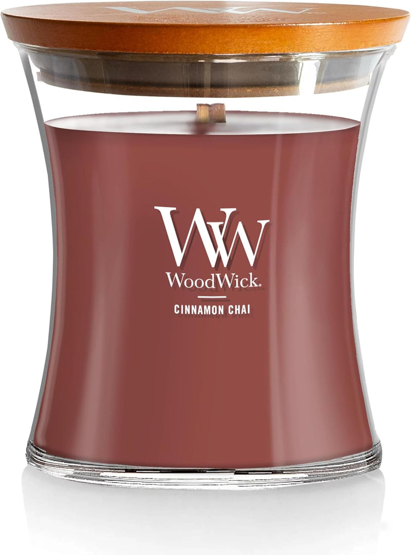 WoodWick Cinnamon Chai Medium Hourglass Candle Premium Soy Blend Wax with Pluswick Innovation Wood Wick