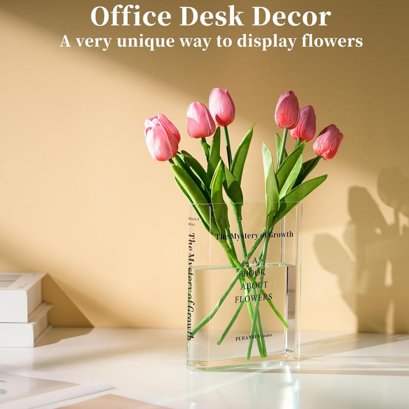 Puransen Clear Book Flower Vase - Floral Bookshelf Decor, Acrylic Flower Holder & Space-Saving Organizer, Modern Home Office/Study Desk Minimalist Aesthetic (Not Including Flowers)