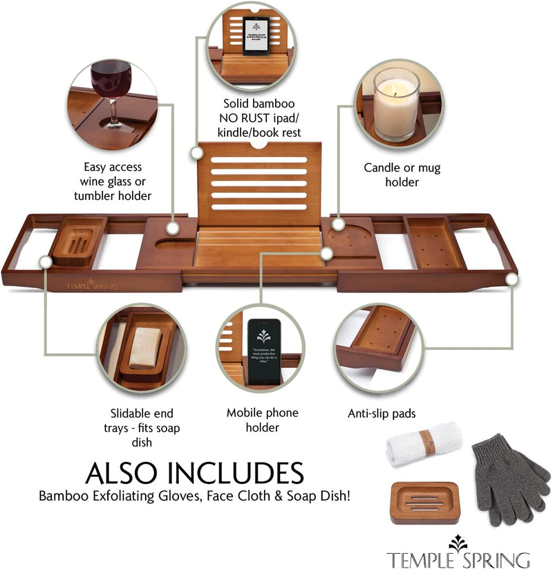 Temple Spring Wooden Bathtub Tray, Bamboo Bathroom Accessories, Bath Tray for Tub, at Home Spa Essentials, Board for Tub Table, Bath Caddy for Bathtub Accessories & Bathroom Essentials – Wood Brown