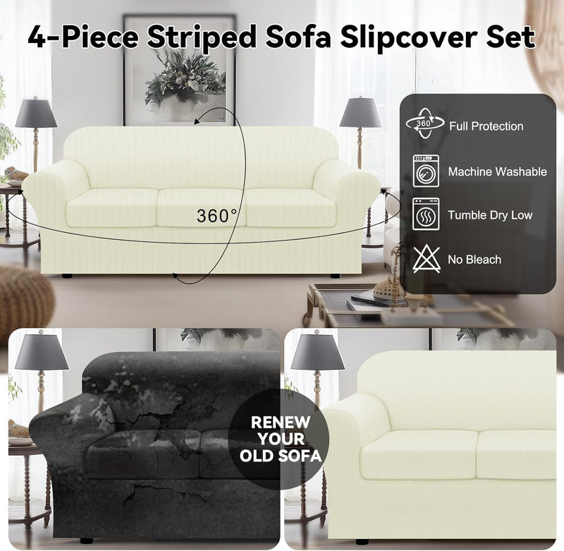 100% WaterproofCouch Cover 4-Piece Set Striped Sofa Slipcovers for 3 Cushion Couch Sofa Covers with TPU Leakproof Bottom Stretch Couch Protector Pet Proof - Sofa(3-Cushion), Ivory