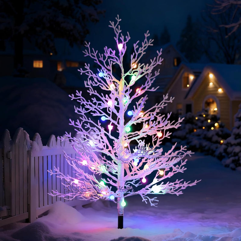 Brightever 3FT Small Christmas Tree with Lights, Pre-lit Outdoor Pathway Christmas Tree, White Branch, 40 RGBW LED Bulbs, 8 Lighting Modes, Waterproof Battery Operated Xmas Decor for Outside