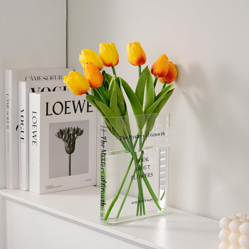 Puransen Clear Book Flower Vase - Floral Bookshelf Decor, Acrylic Flower Holder & Space-Saving Organizer, Modern Home Office/Study Desk Minimalist Aesthetic (Not Including Flowers)