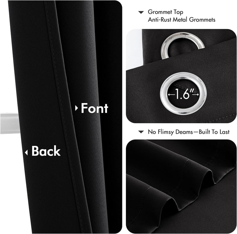 MIULEE Black Blackout Curtains for Bedroom Living Room 63 Inches Long 2 Panels, Thermal Insulated Room Darkening Drapes Solid Grommet Top Noise Reduction Light Blocking Halloween Window Treatments