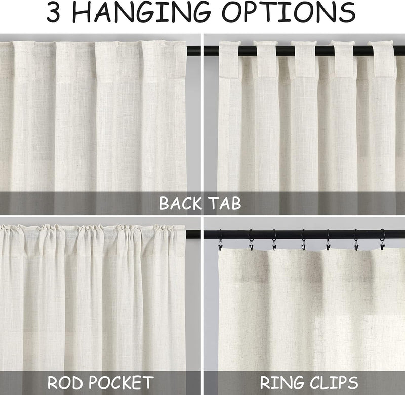 Cream Linen Back Tab Curtains 84 Inch Length for Living Room 2 Panel Set Neutral Modern Farmhouse Window Privacy Semi Sheer Linen Drapes Rustic Pinch Pleated Look Curtain Natural Ivory Colored