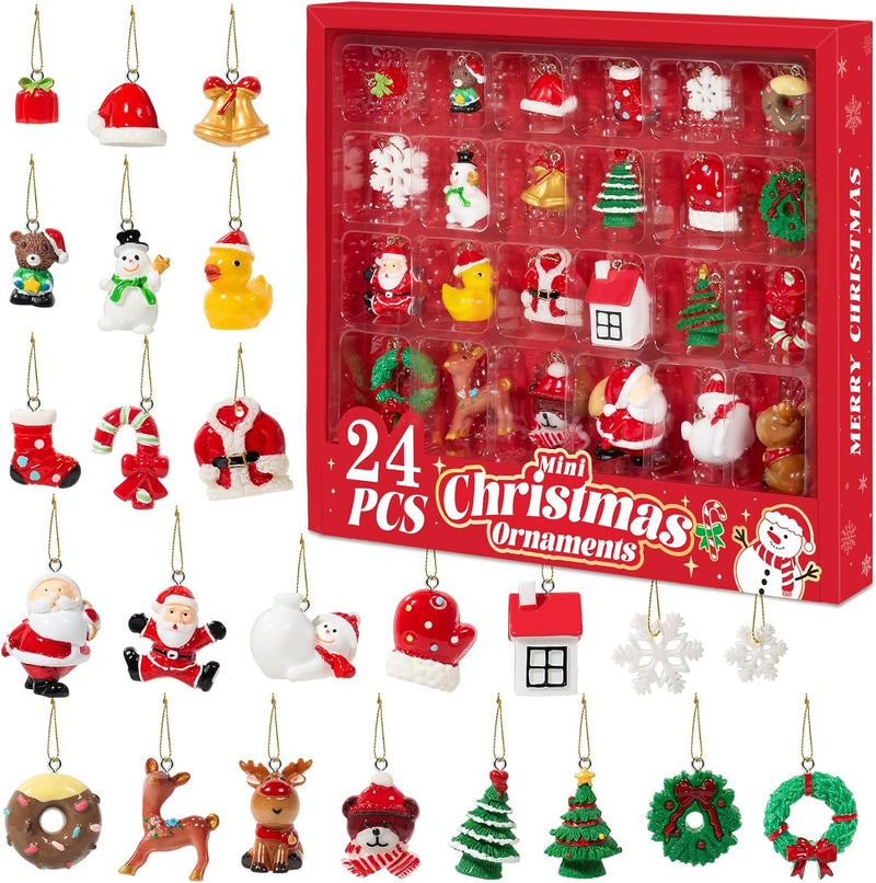Mini Christmas Ornaments, Sooez Set of 24 Cute Miniature Resin Christmas Tree Ornament Figures Advent Calendar Fillers, Durable & Well-Crafted 3-D Figurines with Gold Loops for Easy Hanging