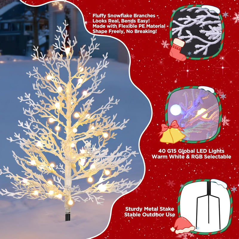 Brightever 3FT Small Christmas Tree with Lights, Pre-lit Outdoor Pathway Christmas Tree, White Branch, 40 RGBW LED Bulbs, 8 Lighting Modes, Waterproof Battery Operated Xmas Decor for Outside