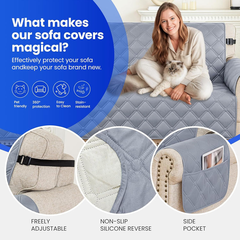 XINEAGE Waterproof Couch Cover for Dogs, 3 Seater Sofa Cover with Elastic Straps & Pockets, Triple Non-Slip Protection, Washable Furniture Protector for Kids (69" Sofa, Light Gray)