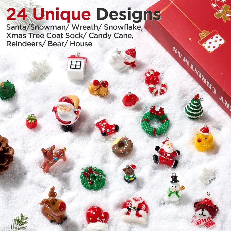 Mini Christmas Ornaments, Sooez Set of 24 Cute Miniature Resin Christmas Tree Ornament Figures Advent Calendar Fillers, Durable & Well-Crafted 3-D Figurines with Gold Loops for Easy Hanging
