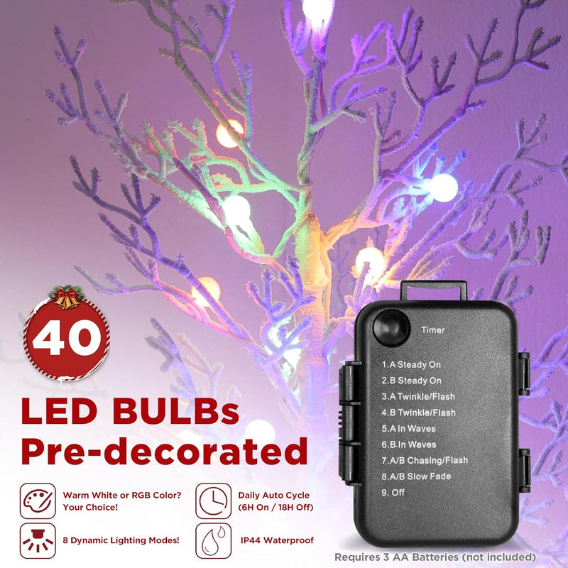 Brightever 3FT Small Christmas Tree with Lights, Pre-lit Outdoor Pathway Christmas Tree, White Branch, 40 RGBW LED Bulbs, 8 Lighting Modes, Waterproof Battery Operated Xmas Decor for Outside