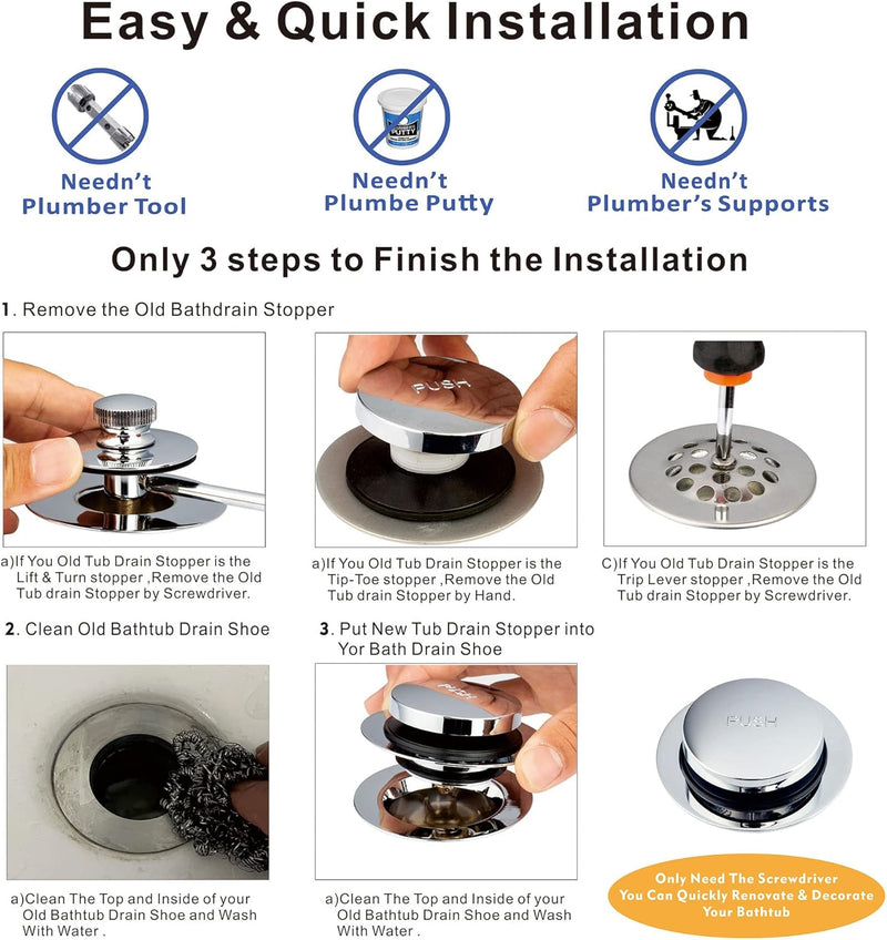 Artiwell Universal Tip Toe Bath Drain Stopper and Cover, Bathtub Drain Stopper, Replaces Lift and Turn, Tip-Toe and Trip Lever drains for Tub, EZ Installation and Clearing (Chrome Plated)