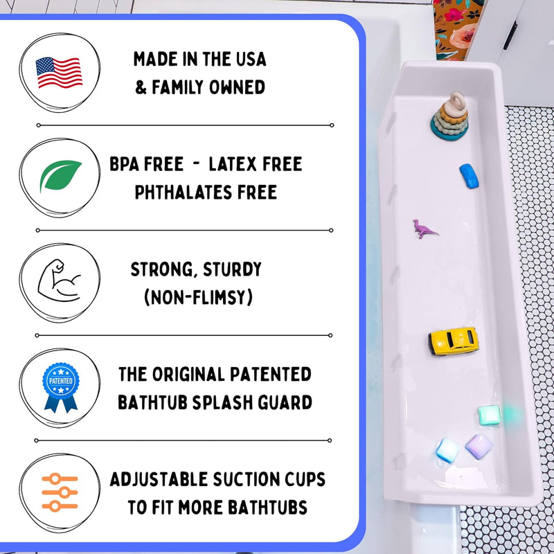 Tub Topper® Bathtub Splash Guard & Bath Shelf for Kids – Toddler Bath Tray, Bath Toys Storage & Ledge Organizer – Splash Guard for Bathtub with Suction Cups – Kids Bathroom Accessories (White)