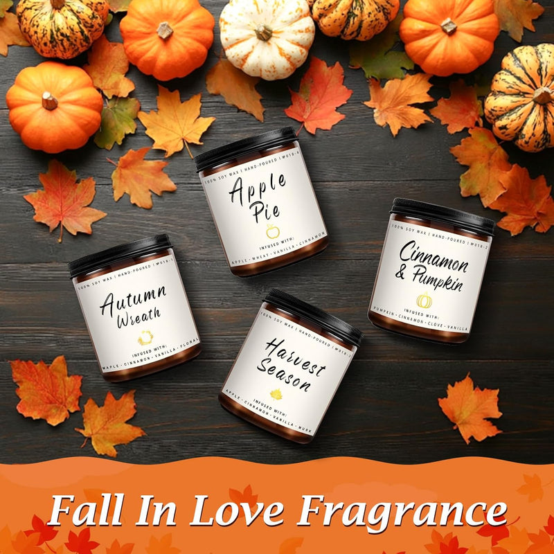 Auelife Fall Candle Set | 4 Pack Scented Candles for Home - Candle Gifts for Women Men, Soy Candles Home Scented | Autumn Fragrance of - Apple Pie/Cinnamon/Harvest/Wreath