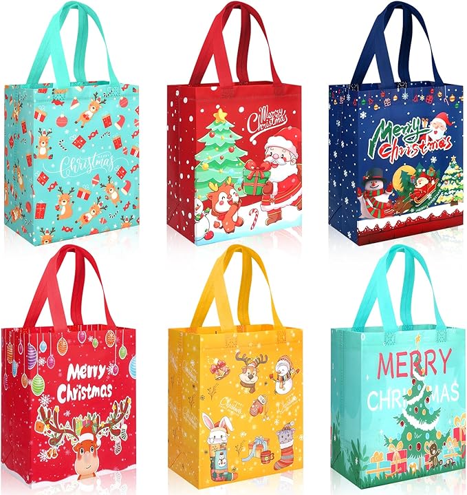 GOMANCHE Christmas Gift Bags with Handles - Reusable Small Xmas Present Tote Bags with Santa, Tree & Reindeer Designs - Holiday Party Supplies & Gift Wrap Bags, 10.2"x8.26"x4.72"