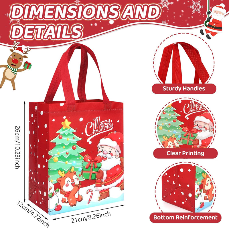 GOMANCHE Christmas Gift Bags with Handles - Reusable Small Xmas Present Tote Bags with Santa, Tree & Reindeer Designs - Holiday Party Supplies & Gift Wrap Bags, 10.2"x8.26"x4.72"