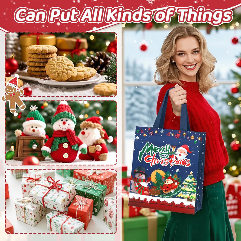 GOMANCHE Christmas Gift Bags with Handles - Reusable Small Xmas Present Tote Bags with Santa, Tree & Reindeer Designs - Holiday Party Supplies & Gift Wrap Bags, 10.2"x8.26"x4.72"