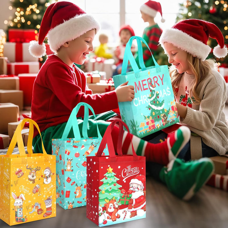 GOMANCHE Christmas Gift Bags with Handles - Reusable Small Xmas Present Tote Bags with Santa, Tree & Reindeer Designs - Holiday Party Supplies & Gift Wrap Bags, 10.2"x8.26"x4.72"