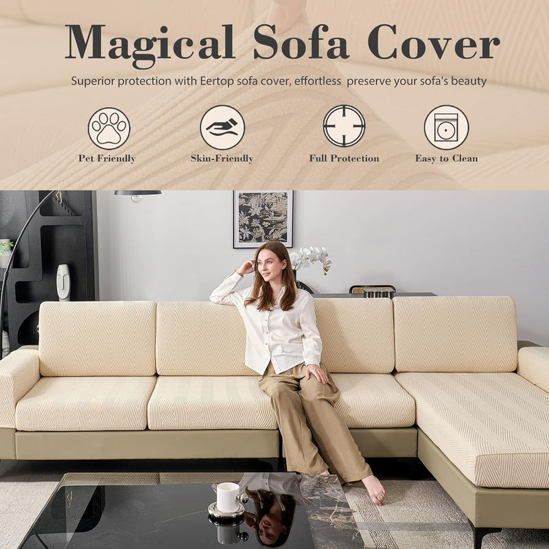 Couch Cushion Covers for Sectional Sofa, Wear Resistant Stretch Sofa Slipcovers for Sofa Universal Cushion Protector Washable Elastic Elastic Seat Cover for Pets (Beige, 1 Back Cover)