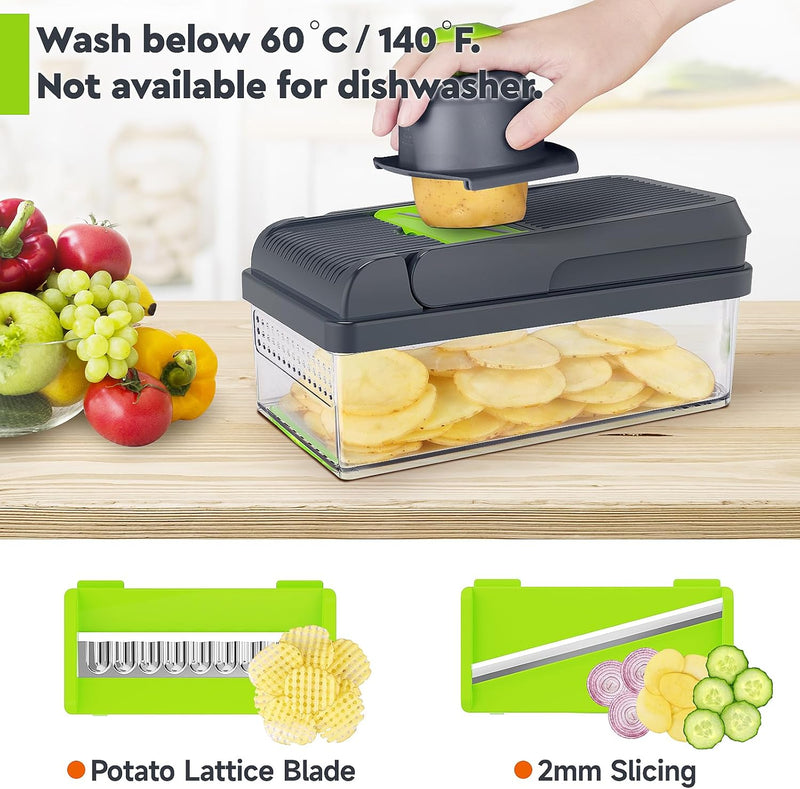 12-in-1 Vegetable Chopper, 7 Blade Veggie Chopper, Practical Food Chopper with Container, Cheese Grater, Home Essentials & Kitchen Gadgets(Green/Grey)