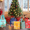 GOMANCHE Christmas Gift Bags with Handles - Reusable Small Xmas Present Tote Bags with Santa, Tree & Reindeer Designs - Holiday Party Supplies & Gift Wrap Bags, 10.2"x8.26"x4.72"
