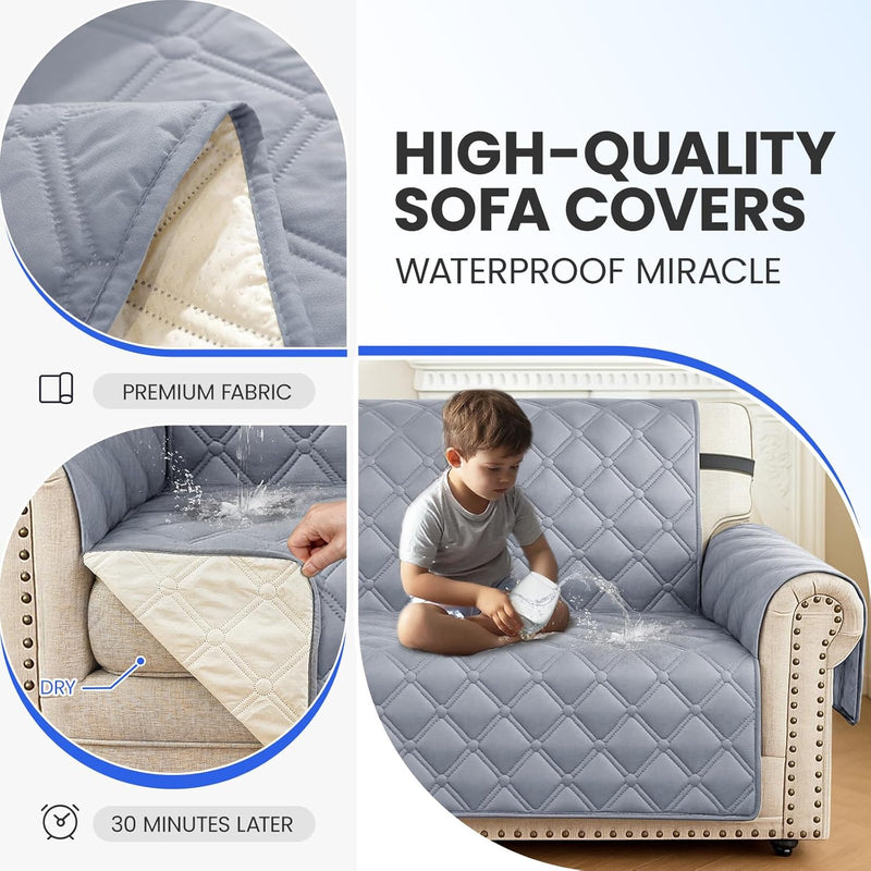 XINEAGE Waterproof Couch Cover for Dogs, 3 Seater Sofa Cover with Elastic Straps & Pockets, Triple Non-Slip Protection, Washable Furniture Protector for Kids (69" Sofa, Light Gray)