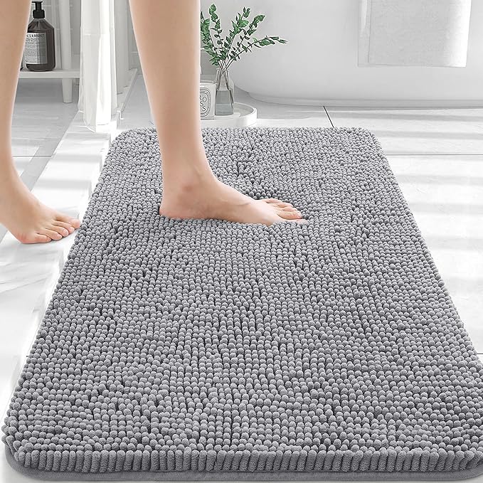 OLANLY Bathroom Rugs 30x20, Extra Soft Absorbent Chenille Bath Rugs, Rubber Backing Quick Dry, Machine Washable Bath Mats for Bathroom Floor, Tub and Shower, Home Decor Accessories, Grey